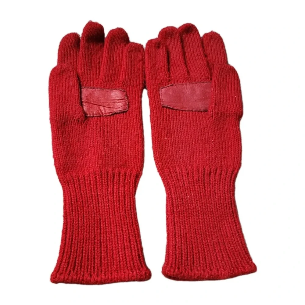 Vintage Aris Red Leather Knit Driving Gloves Winter Warm Retro Mid-Century OS